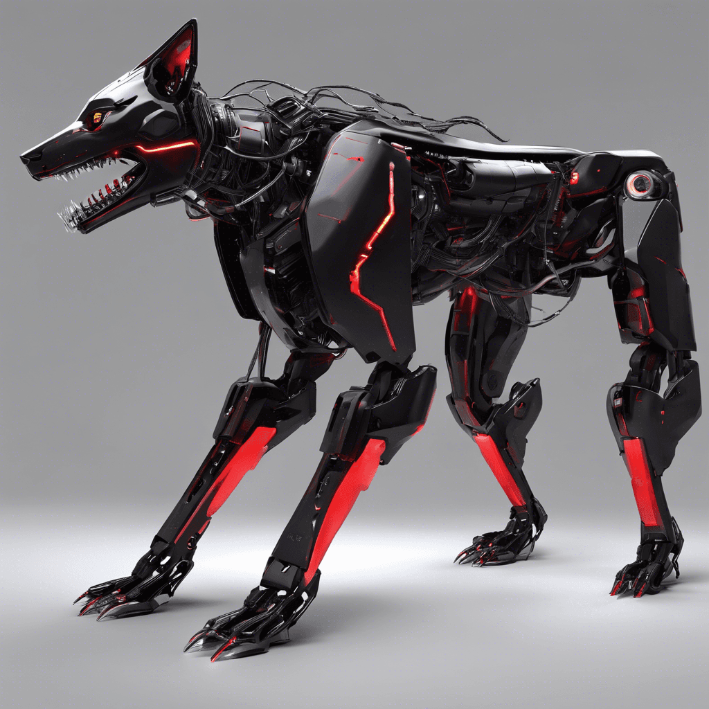 A sleek robotic canine with glowing red optics and razor-sharp metallic teeth, its body covered in reflective black plating and emitting faint electric hums, servos visible along its agile limbs.