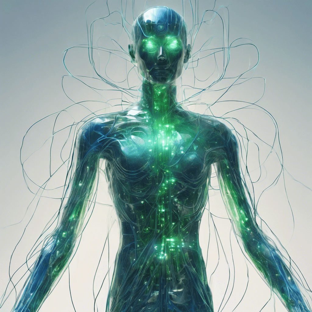 A translucent figure, shimmering with ethereal blue and green energy. It has a humanoid shape but is made entirely of a ghostly, holographic substance. Wires and circuits flicker throughout its form, suggesting a fusion of technology and spirit.