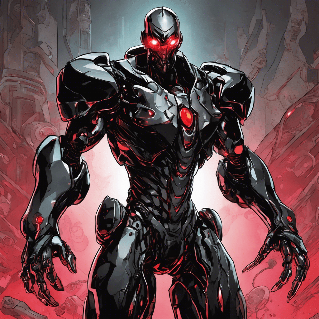 NanoShade is a highly advanced humanoid android, covered in a sleek black armor that can phase in and out of visibility at will. Its eyes glow with a menacing red light, and it is equipped with a variety of deadly weapons integrated into its design.