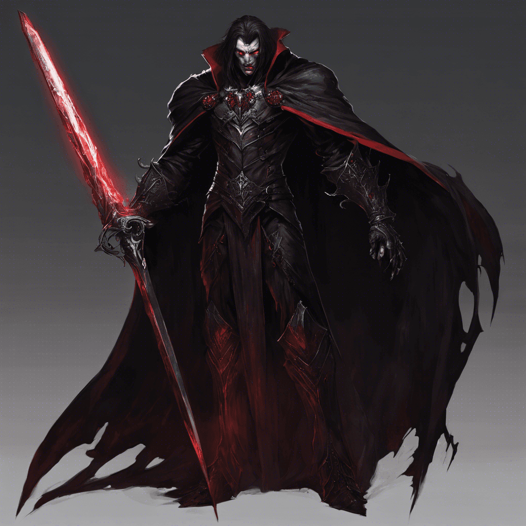 A towering vampire clad in dark, crimson armor, with piercing red eyes that glow ominously in the dim light. Its long, black cape is tattered at the edges and it wields a massive sword that oozes with dark energy.