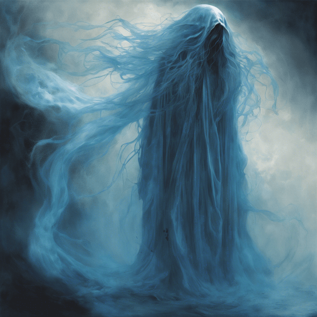 A ghostly figure with long, tattered robes that float as if underwater, hair billowing around an anguished face, eyes glowing with a haunting blue light.