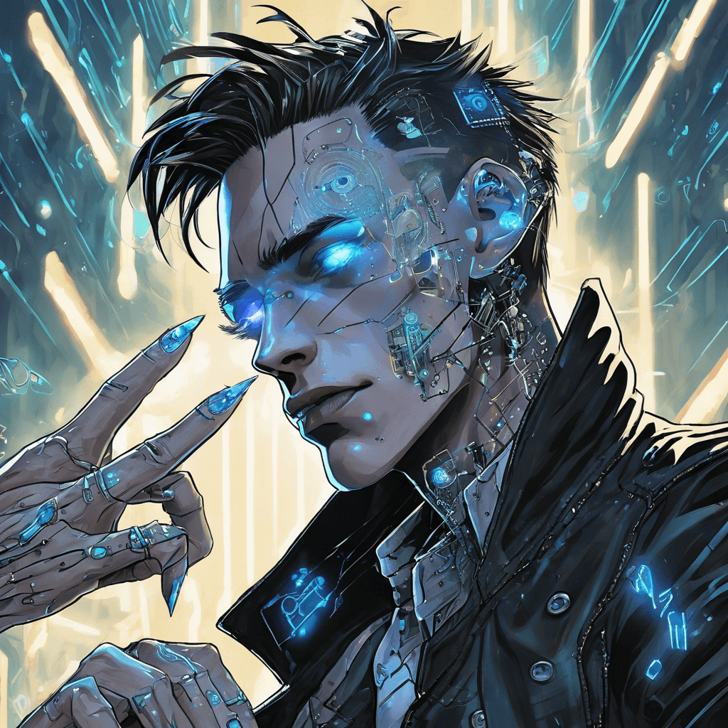 Jack has a gaunt visage, with piercing blue cybernetic eyes. Holographic tattoos of circuitry run across his pale skin. He wears a black leather trench coat, laden with digital lockpicks and code disruptors. His fingers are tipped with retractable data spikes, glowing faintly with an ominous light.