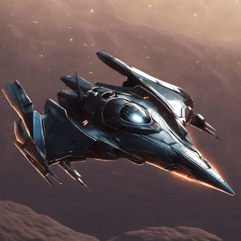 A sleek starfighter with a dark metallic sheen, covered in sharp angles and emitting a low, ominous hum. Its thrusters leave a trail of ionized particles, and it brandishes weapons that seem to be a fusion of technology and organic matter.