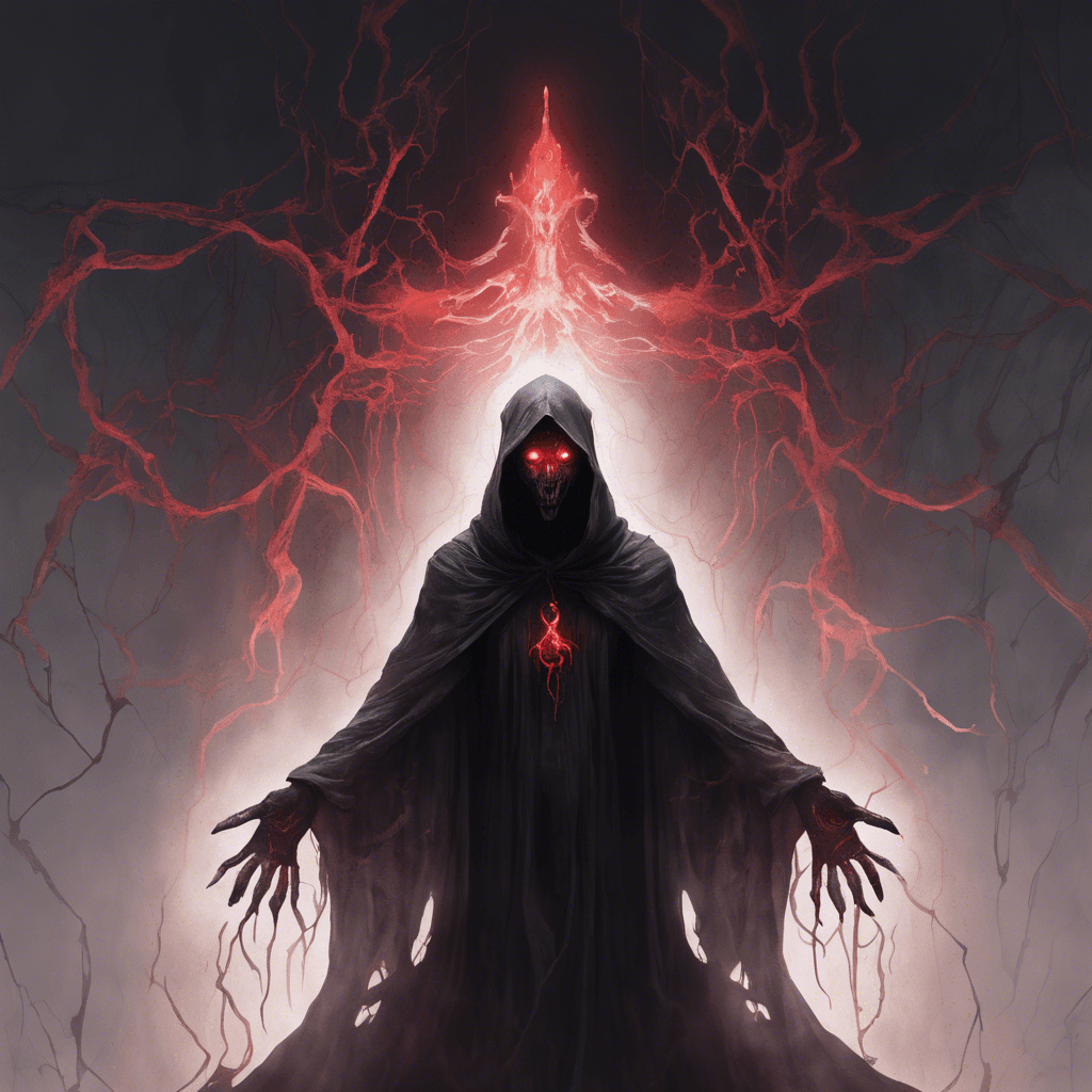 A floating ethereal figure, shrouded in tattered black robes, with glowing red eyes piercing through the darkness. Its spectral hands crackle with eldritch energy.