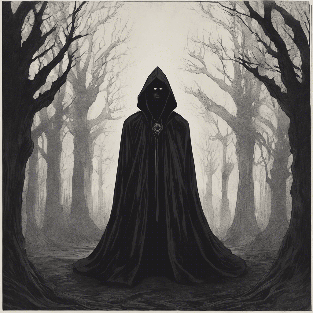 A figure enshrouded in a dark cloak, with eyes that gleam ominously from the shadow of the hood.