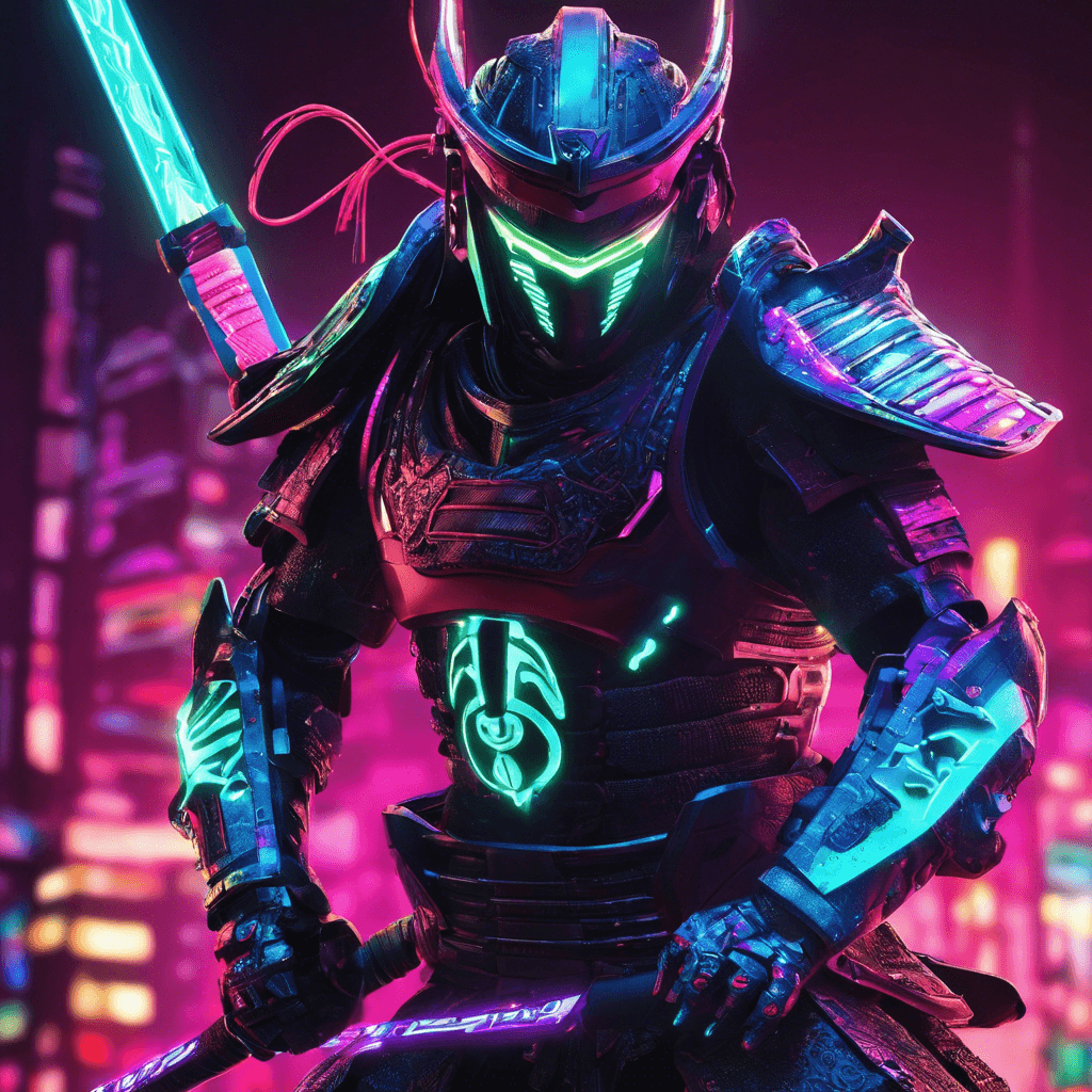 The Neon Samurai is a cybernetically enhanced warrior clad in shimmering neon armor, wielding a razor-sharp katana crackling with electricity. Its eyes glow with augmented reality displays, scanning its surroundings with precision. It moves swiftly and silently through the shadows, ready to strike with deadly precision.