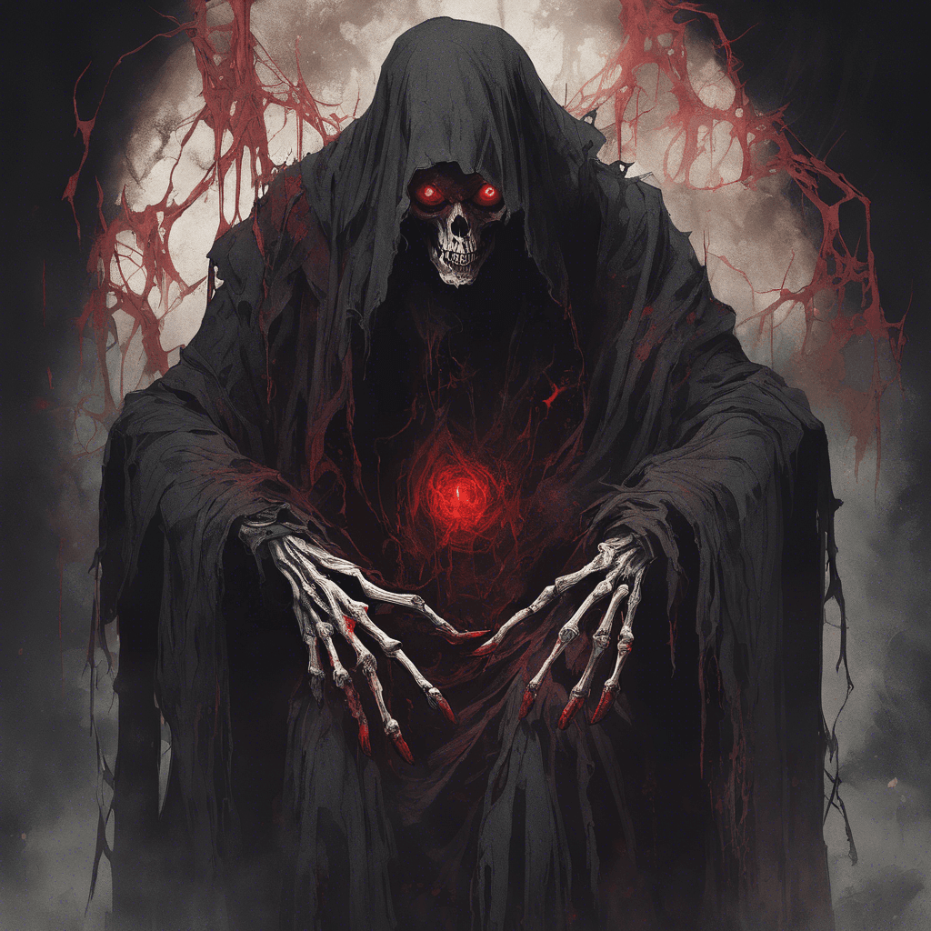 A shadowy, spectral figure draped in tattered robes, with hate-filled red eyes and long, skeletal fingers that crackle with dark energy.