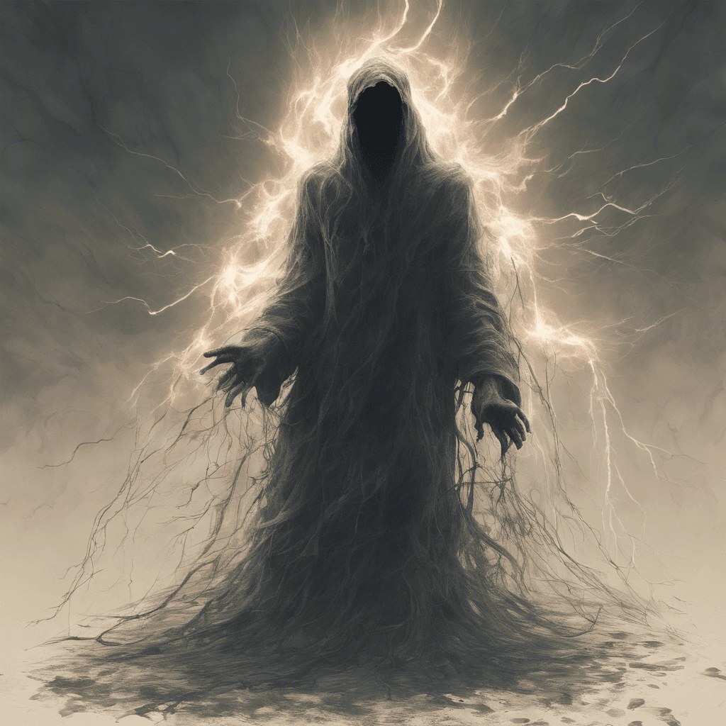 A spectral figure emanating a dim, eerie light, with humanoid shape but features constantly shifting and blurring. It moves with a jerky, unnatural motion and objects around it are flung through the air as if caught in a violent storm.