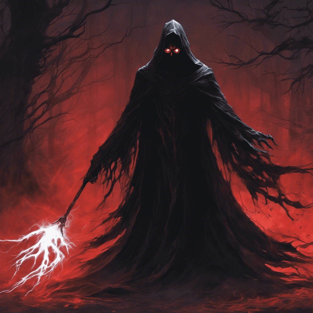 The Phantom Specter is a shadowy figure shrouded in tattered black robes, with glowing red eyes that pierce through the darkness. Its presence chills the air, sending shivers down the spines of those who dare to gaze upon it. Wisps of ethereal energy trail behind it, creating an aura of dread and impending doom.