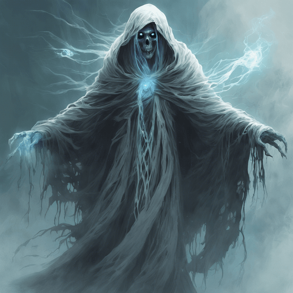 The Spectral Revenant is a ghostly figure draped in tattered robes, with ethereal wisps of hair floating around its hollow, glowing eyes. It emits a chilling aura that freezes the very air around it, leaving frost in its wake.