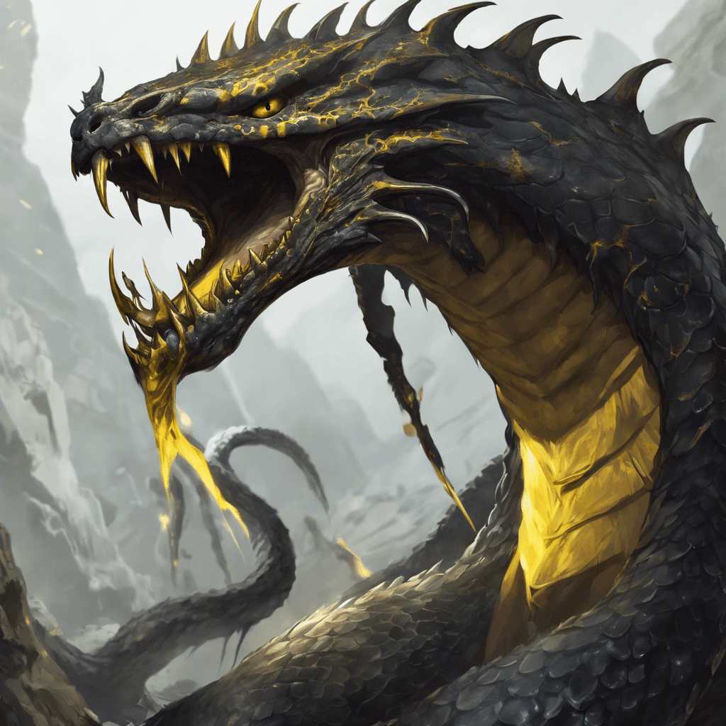 A large serpent-like creature with glistening obsidian scales and piercing yellow eyes. It has enormous fangs dripping with venom and a crown of sharp spines that cascade down its back.