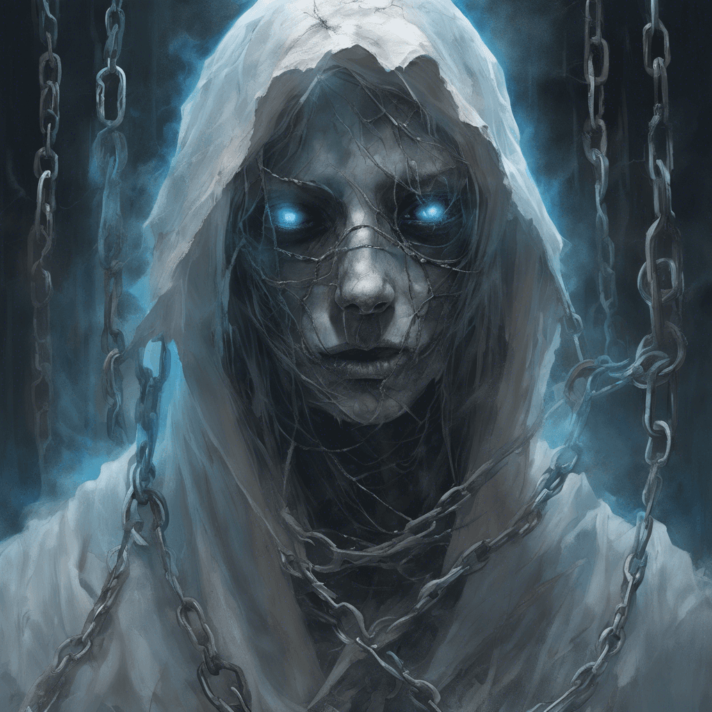 A ghostly figure, ethereal and pale, with eyes that burn with a vengeful blue light. Its form is shrouded in tattered robes, and chains rattle as it moves, signifying its tortured existence.