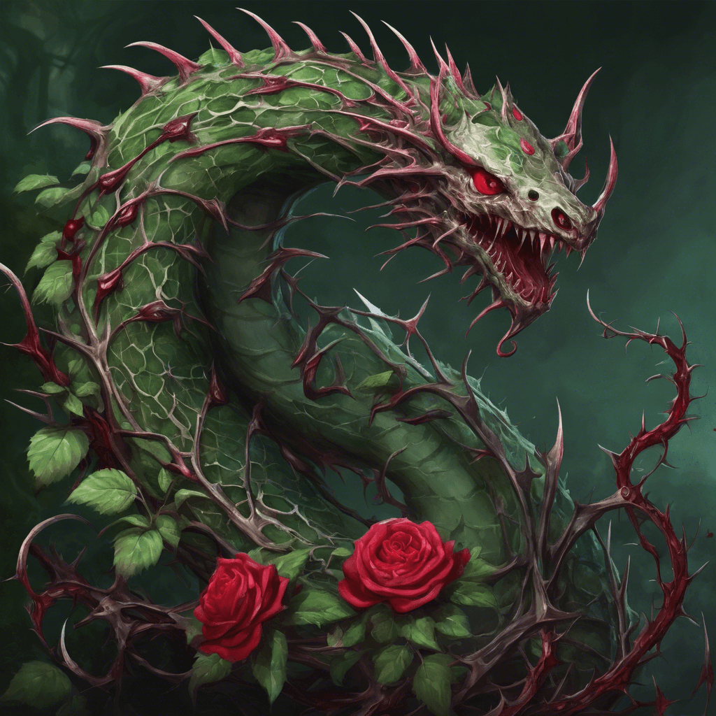 A slender, serpentine creature covered in thorny vines and crimson rose blossoms, with piercing emerald eyes and razor-sharp thorns protruding from its elongated body.