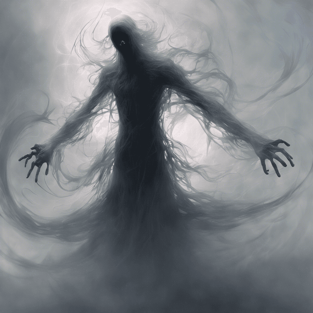 A ghostly entity, shimmering with unstable energies, its form blurs and shifts like a mirage, tendrils of light and shadow whipping chaotically around it.