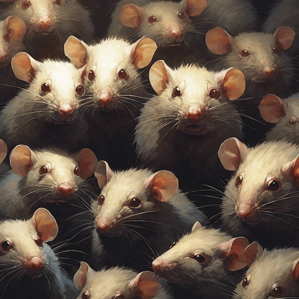 A seething mass of mutated rats, their fur matted and eyes glowing with an ominous light. Each rat's body is bloated and misshapen, with sharp, protruding bones and patches of irradiated skin.