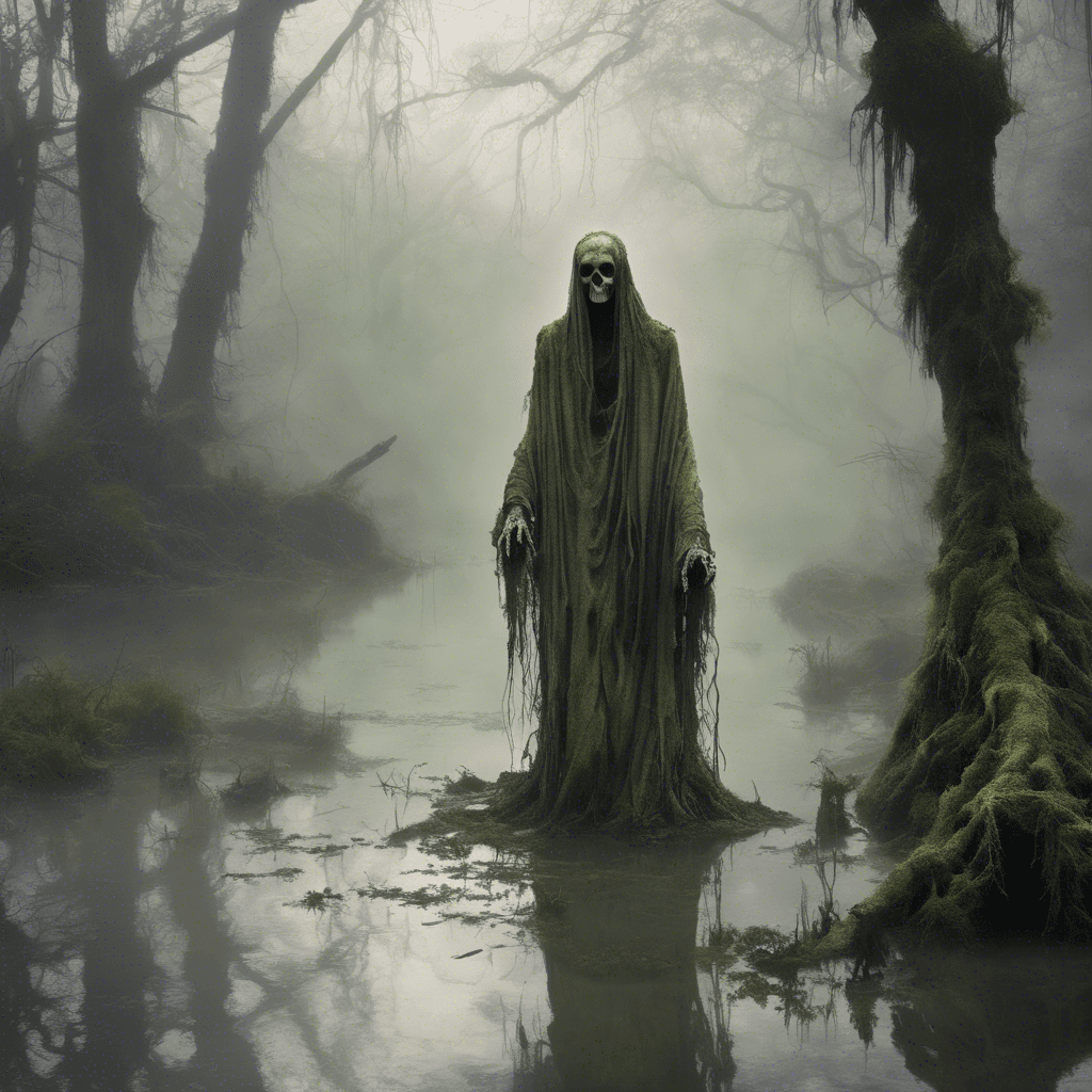 A ghostly figure emerges from the foggy swamp, translucent and draped in tattered robes of moss and mud. Its glowing, empty eyes and its long, skeletal fingers reach out as if to drain the life from the living.