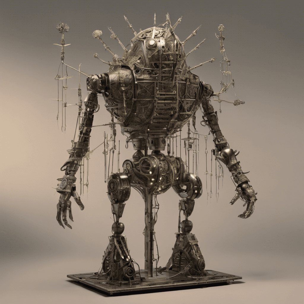 A towering automaton left from the Binahrian era, comprised of sleek metallic surfaces with eerie, luminescent symbols pulsing along its structure. It has multiple articulated limbs, each equipped with various ancient Binahrian weaponry.