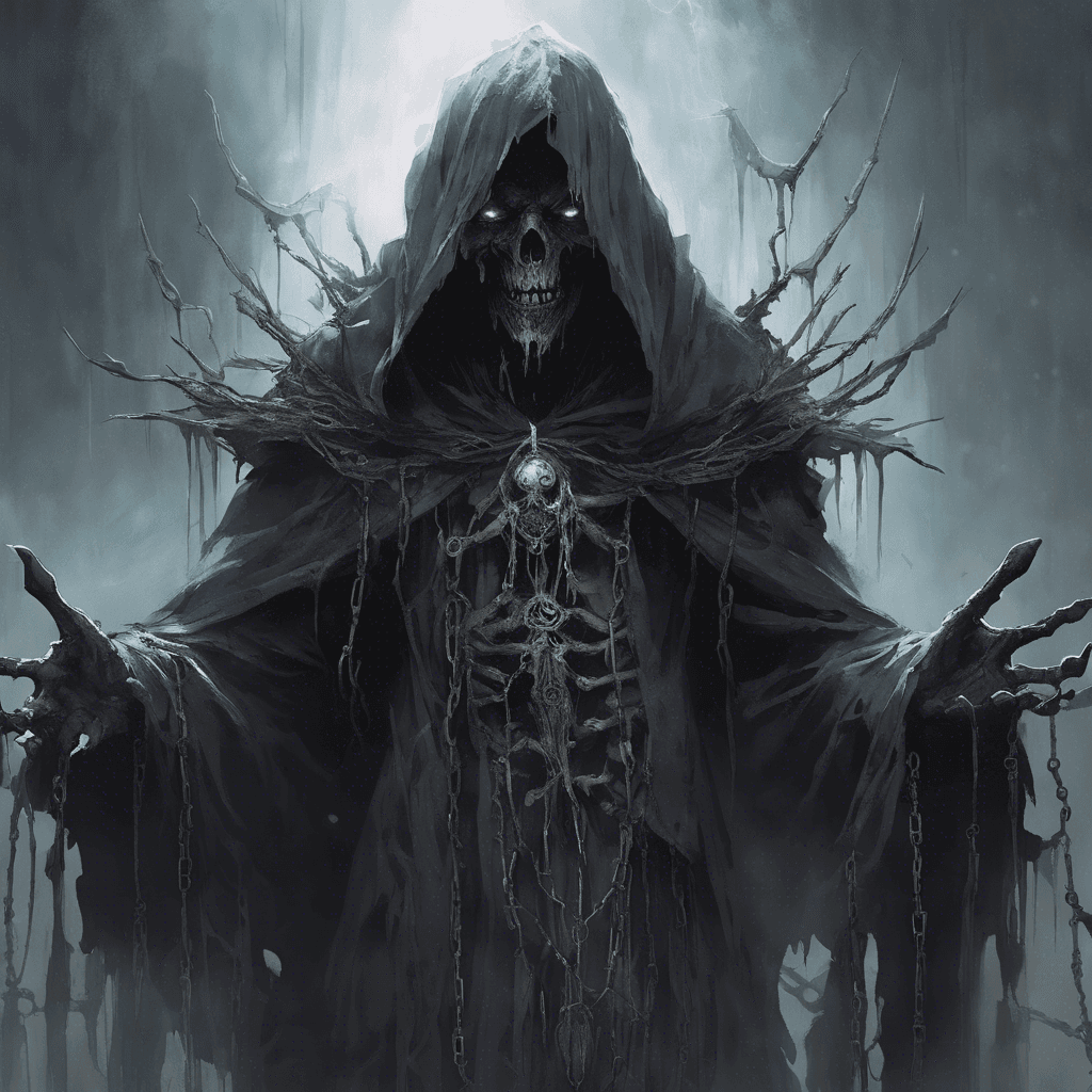 A menacing wraith, ghastly and pale, clad in tattered robes. Its eyes blaze with a cold light and ethereal chains clank as it moves.