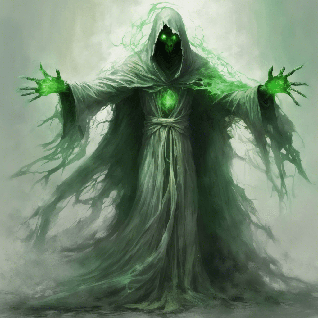 A spectral figure shrouded in tattered robes, its eyes are hollow yet burn with an eerie green fire. Its hands are outstretched, clawed and ethereal.