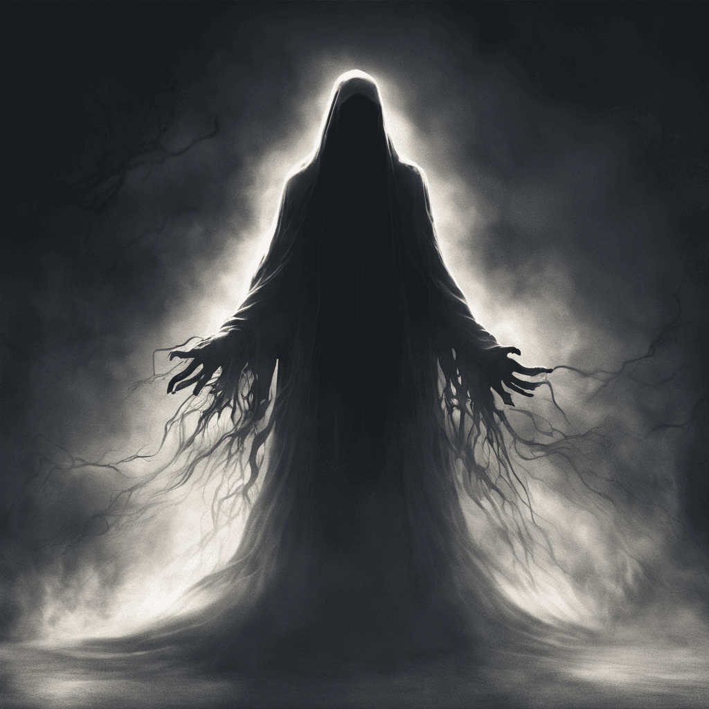 The Specter of the Shadows is a ghostly figure cloaked in darkness, with wisps of shadow trailing behind it. Its eyes glow with an eerie light, and its touch brings a chilling cold that seeps into the bones of those it encounters. It moves silently and swiftly, vanishing into the darkness before reappearing to strike.