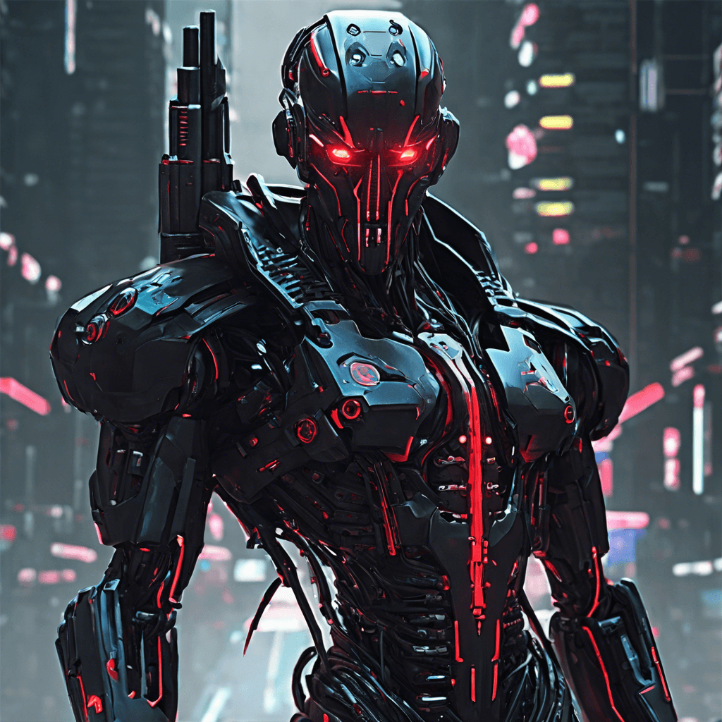 The Cyber Sentinel is a humanoid figure clad in sleek, black cybernetic armor, its piercing red eyes scanning the surroundings with ruthless efficiency. It wields advanced weaponry integrated into its cybernetic limbs, ready to eliminate any threats to the megacorporations.