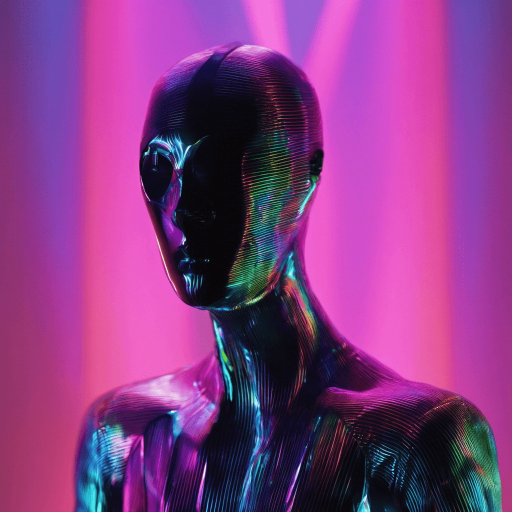 A sleek, humanoid figure cloaked in holographic fabrics that refract the ambient neon light, creating a silhouette of shifting colors. Their face is hidden behind a featureless, reflective mask, and their limbs appear unnaturally agile.