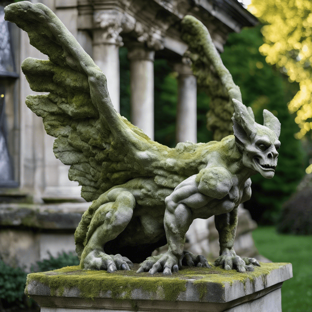 A stone gargoyle, larger than a man, with expansive wings tucked behind. Its body is covered in a patina of age and moss, giving it a nearly camouflaged appearance against the mansion's stonework. There are sharp talons on its feet and hands, and its eyes glow with a ghostly light.