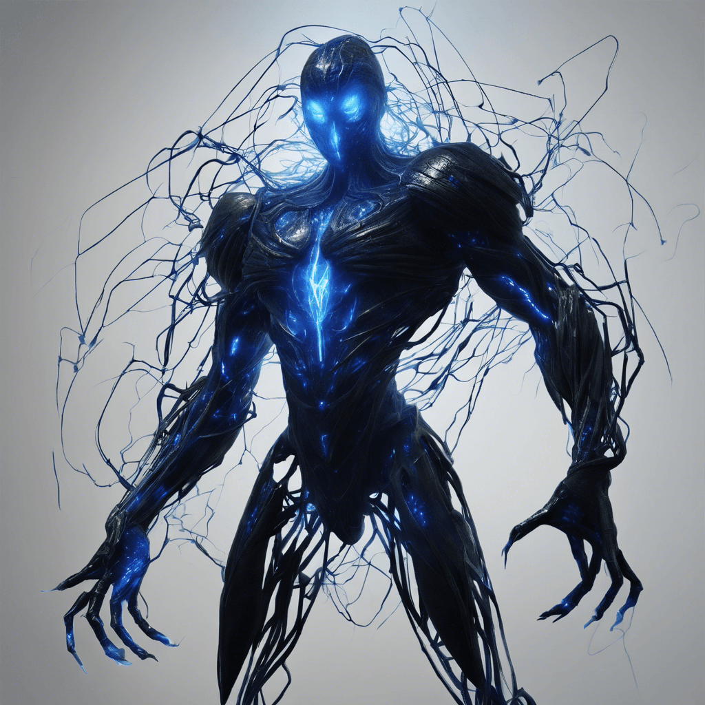 A shadowy figure with a form that flickers and phases, giving it an ethereal quality. Its body is a composition of dark nanofibers and pulsing cybernetic enhancements, interspersed with sparks of blue energy. It emits an unsettling hum, indicating the raw power contained within its unstable form.