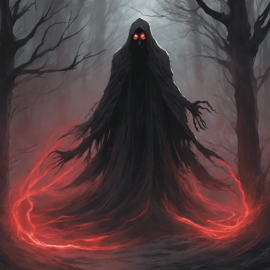 The Spectral Revenant appears as a shadowy figure with glowing red eyes, emanating an aura of cold chill and despair. Its movements are silent and unnaturally swift, as if gliding through the air instead of walking on the ground. Wisps of ghostly energy trail behind it, hinting at its malevolent nature.