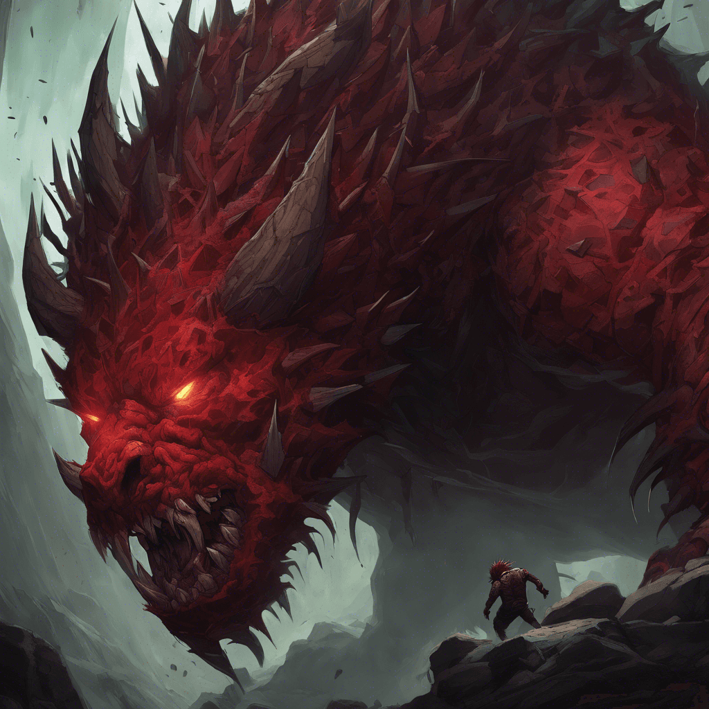 A massive, hulking beast covered with thick, jagged thorns and bristles sprouting from its rocky hide. Its eyes glow a deep crimson, and its breath emits a sulfurous steam.