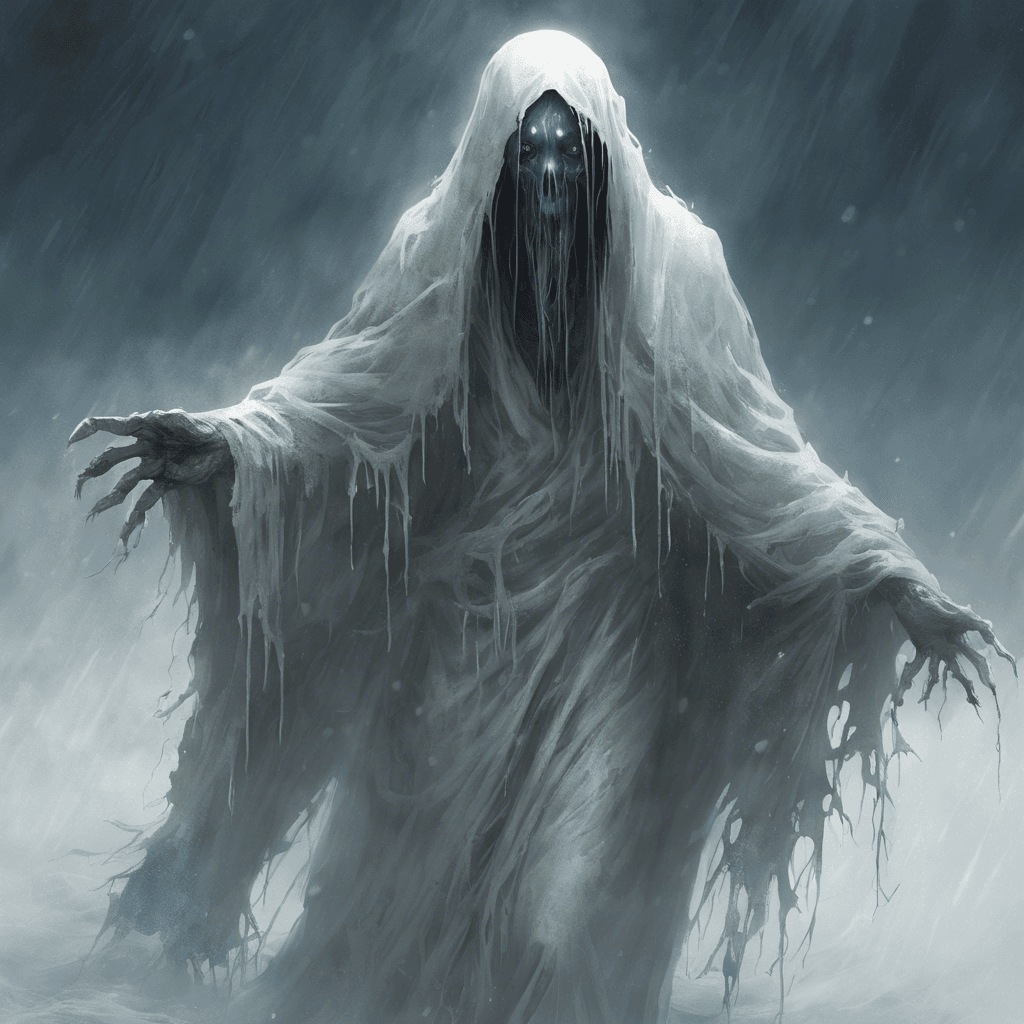 A ghastly figure dressed in tattered robes, with pale, translucent skin. Its eyes glow with an otherworldly light as it emits eerie whispers that send shivers down your spine. The air around it grows colder as it approaches, leaving a trail of frost in its wake.