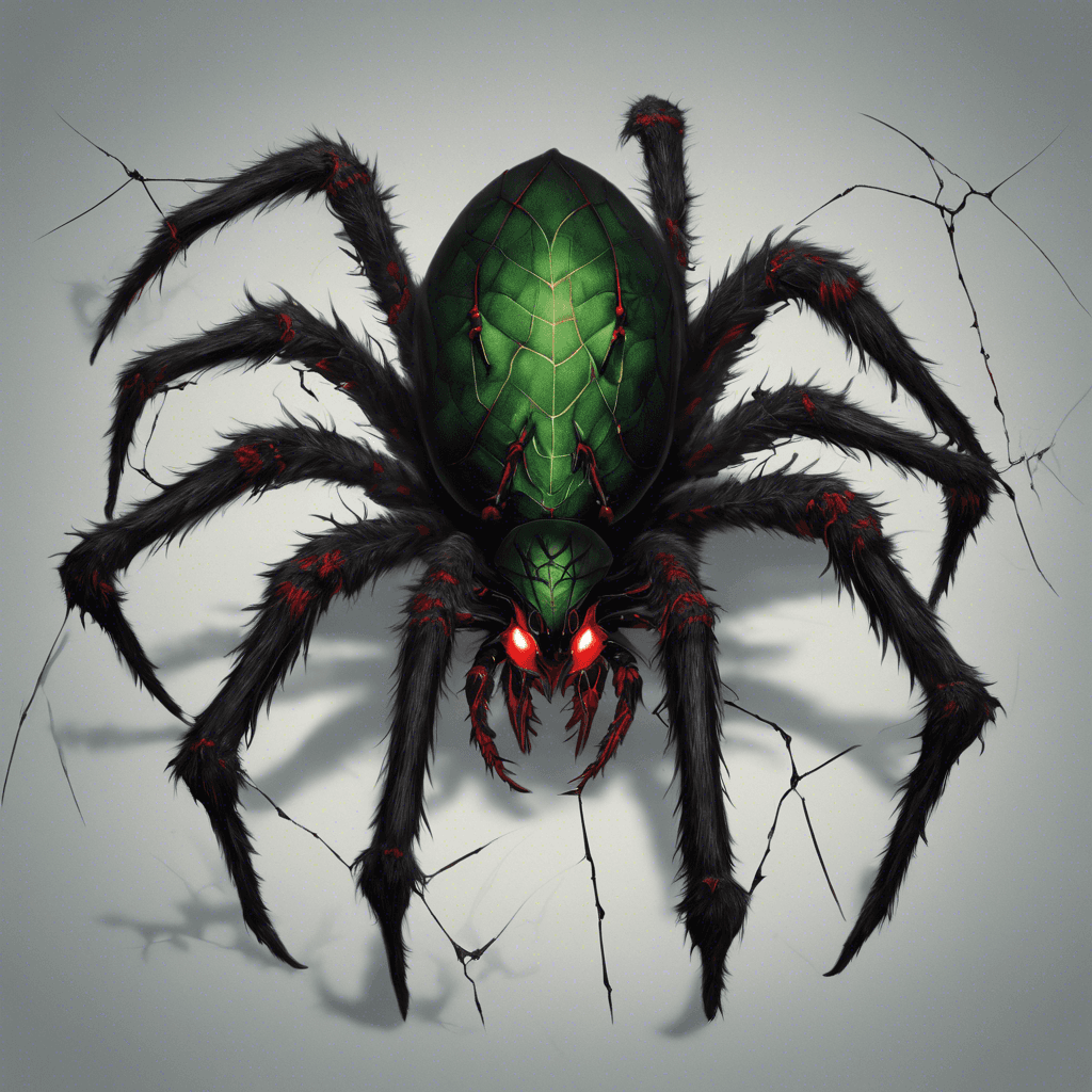 A monstrous spider, with ebony fur and crimson eyes, its fangs dripping with green venom. It skitters silently, leaving a trail of shimmering, dark webbing.