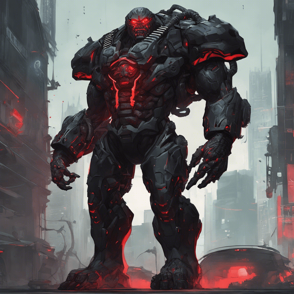 A hulking figure clad in a black exoskeleton, with glowing red ocular implants and arms augmented to wield heavy weaponry. Its movements are eerily silent, a testament to advanced stealth cybernetics.