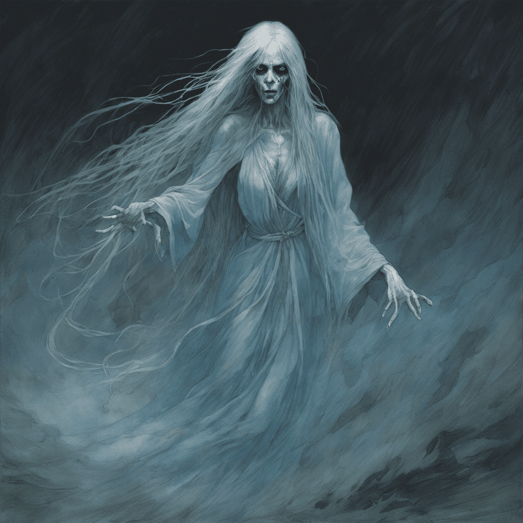 A ghostly figure, the banshee appears as a frail woman in tattered garments, her long hair wild and unkempt. Her skin is pale blue, translucent, and her eyes are hollow with a faint glow emanating from within. She floats above the ground, her movements accompanied by a piercing wail that chills the very air.