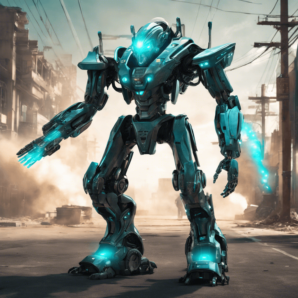 A menacing humanoid robot with a sleek metallic frame, glowing cyan optical sensors, and armed with an integrated pulse rifle. Wires and circuitry are subtly exposed, hinting at its advanced computational capabilities.