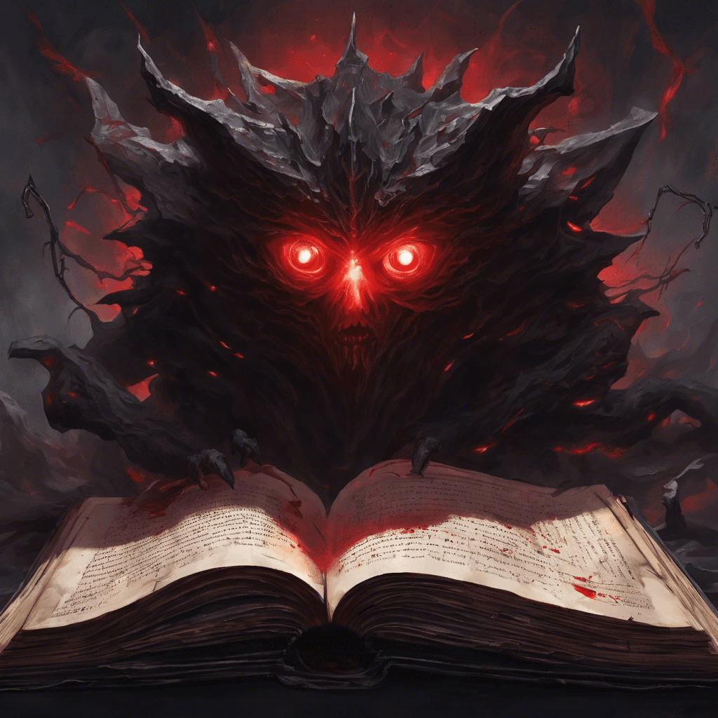 A swirling mass of shadows with two glowing red eyes, the Grimoire Shade has tattered edges resembling the pages of a book. It hovers ominously, resonating with a dark energy.