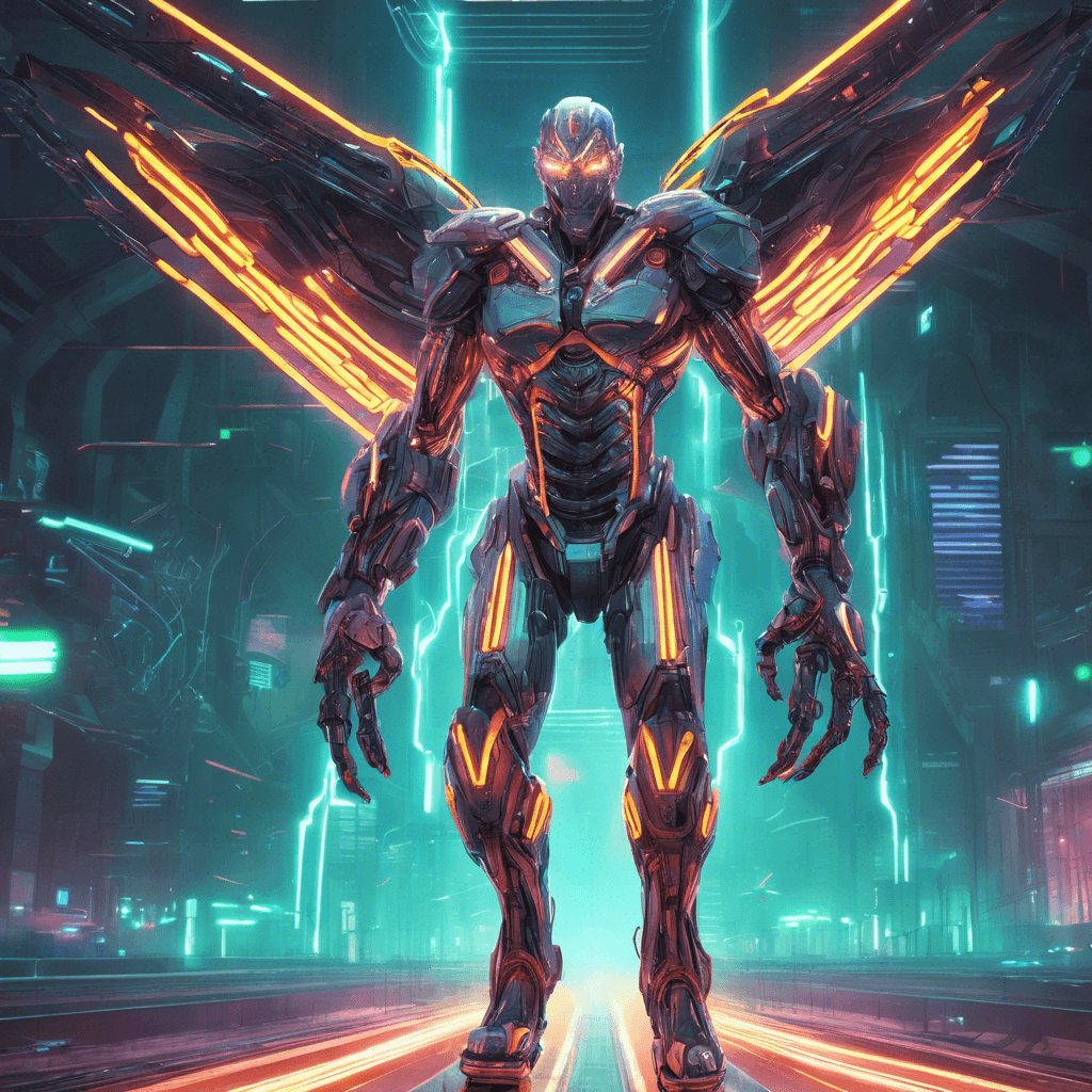 A towering cyborg with glowing neon strips running along his limbs, mechanical wings folded at his back, and cybernetic eyes scanning for prey.