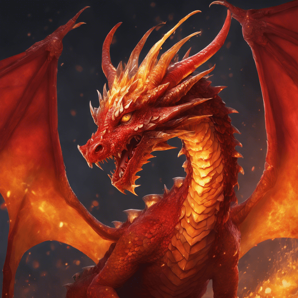 A small, sinuous dragon covered in glistening, fiery red scales with piercing amber eyes and steam billowing from its nostrils. It has sharp, curved horns and its wings flicker with embers.