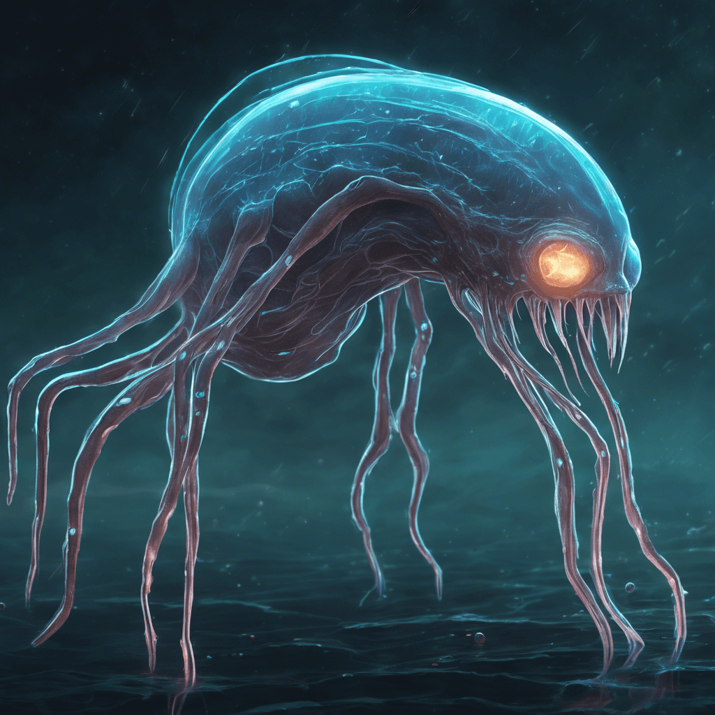 A sleek, translucent creature with bioluminescent veins pulsing beneath its gelatinous skin. It glides silently, its multiple eyes glowing like faint stars, always searching for prey.