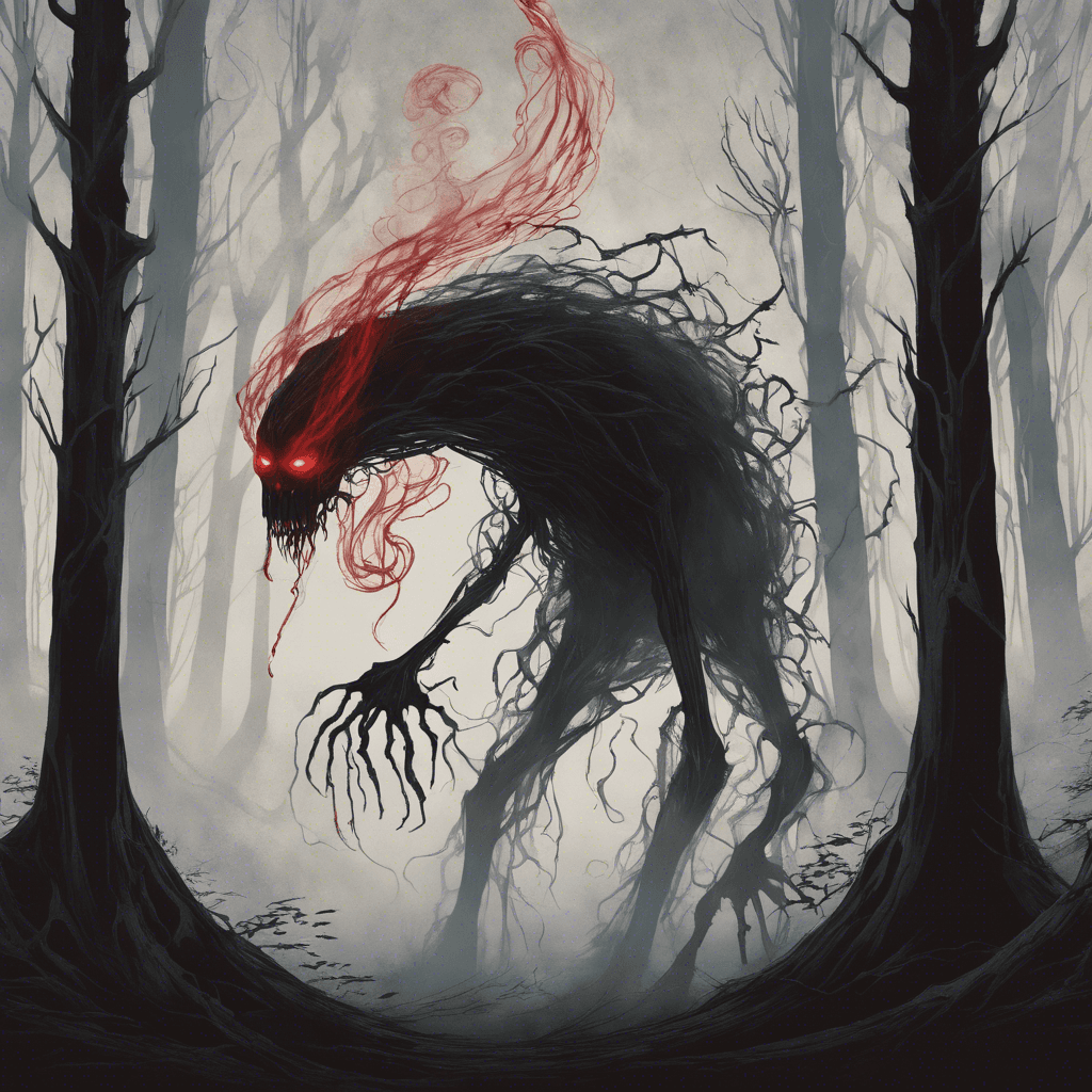 A shadowy figure with piercing red eyes and smoke-like tendrils that reach out from its formless body, which seems to absorb the faint light of the forest, making its surroundings appear darker.