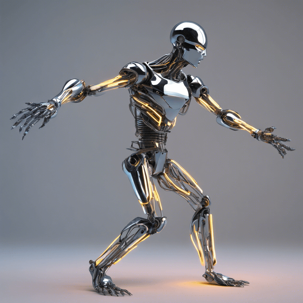 A shapeshifting android with a reflective chrome body, adorned with running neon lines. Its eyes are stark glowing orbs and it has many articulated limbs that end in various tools and weapons.