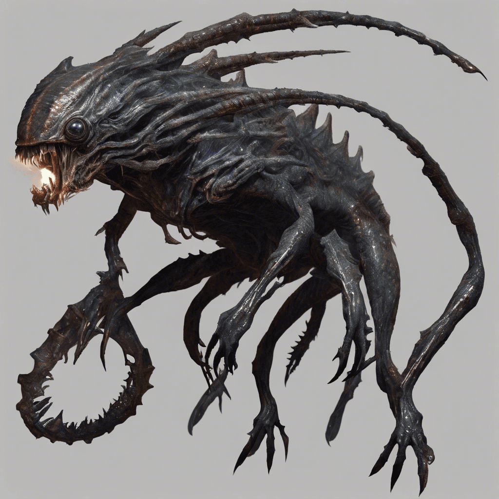 The Xenon Blight is a fearsome alien creature with shimmering scales that reflect the light of the nearby stars. Its multiple limbs end in razor-sharp claws, and its large, compound eyes glow with an otherworldly intelligence. The Xenon Blight emits a low, haunting hum that sends shivers down the spines of all who hear it.