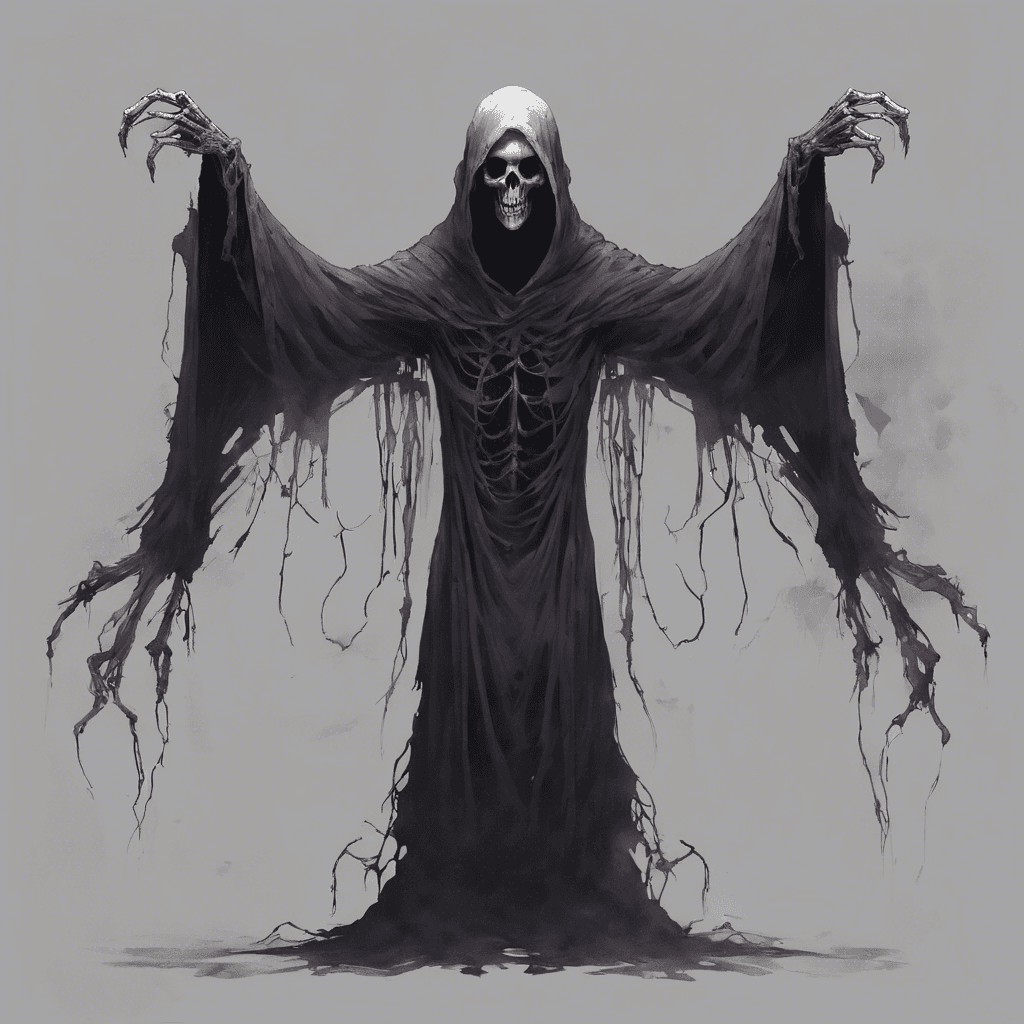 A ghastly specter shrouded in tattered robes that seem to blend with the darkness of the night. Its eyes are hollow yet emit a faint, eerie glow. Its form is skeletal, with elongated arms ending in clawed hands that ooze a ghostly mist.