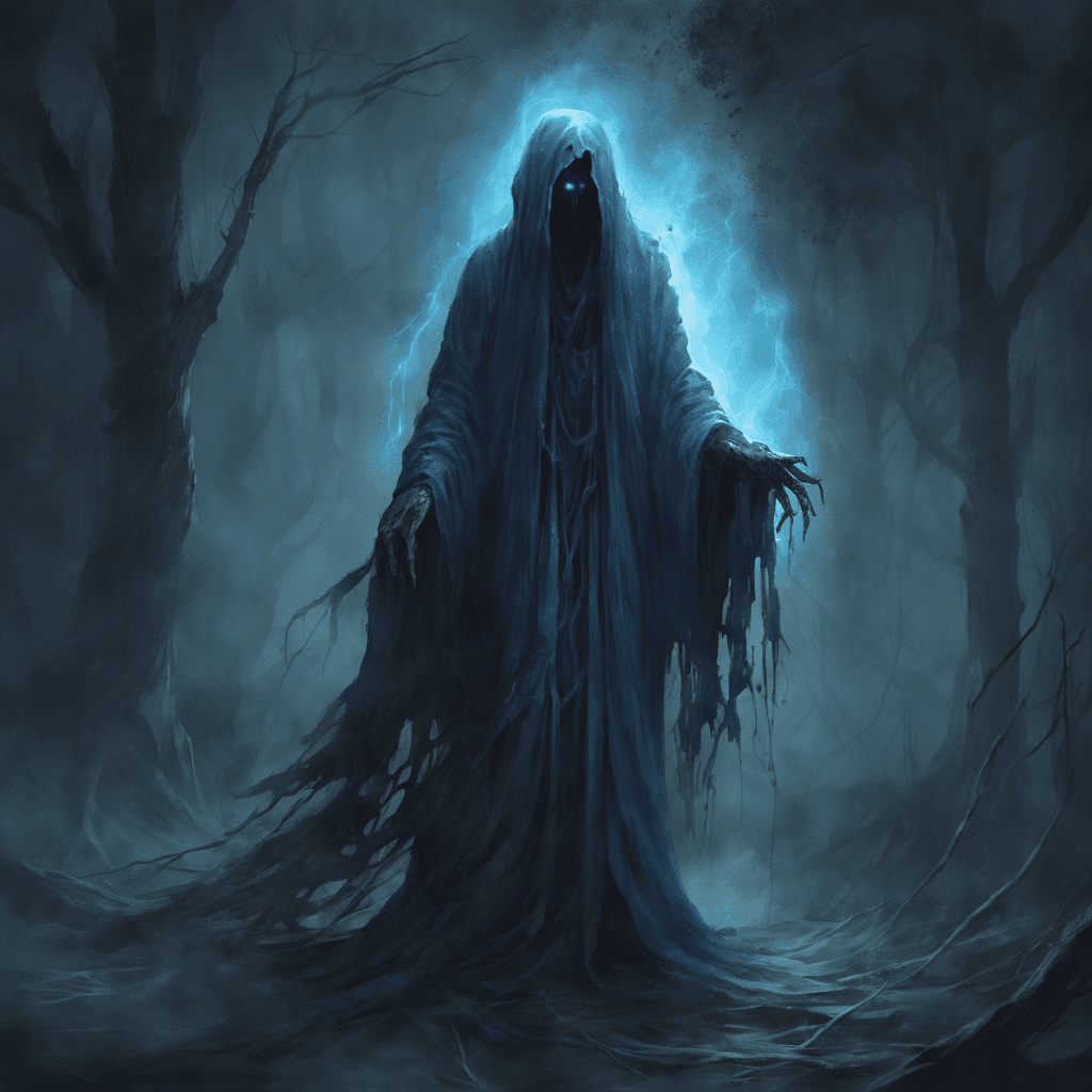 A dark, ethereal figure looms before you. Draped in tattered robes that seem to absorb the light, the Gloom Wraith's eyes glow an eerie blue. It hovers silently, its form occasionally flickering as if it were caught between realms, and its chilling presence saps warmth from the air.