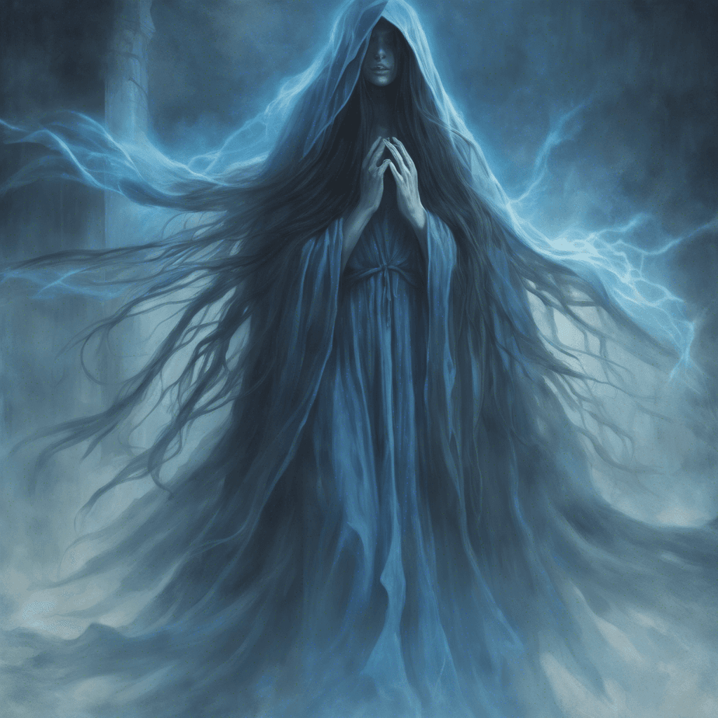 A ghostly apparition with long, flowing hair and tattered robes, her face obscured by a veil of mourning, she drifts inches above the ground, her eyes glowing with an eerie blue light.