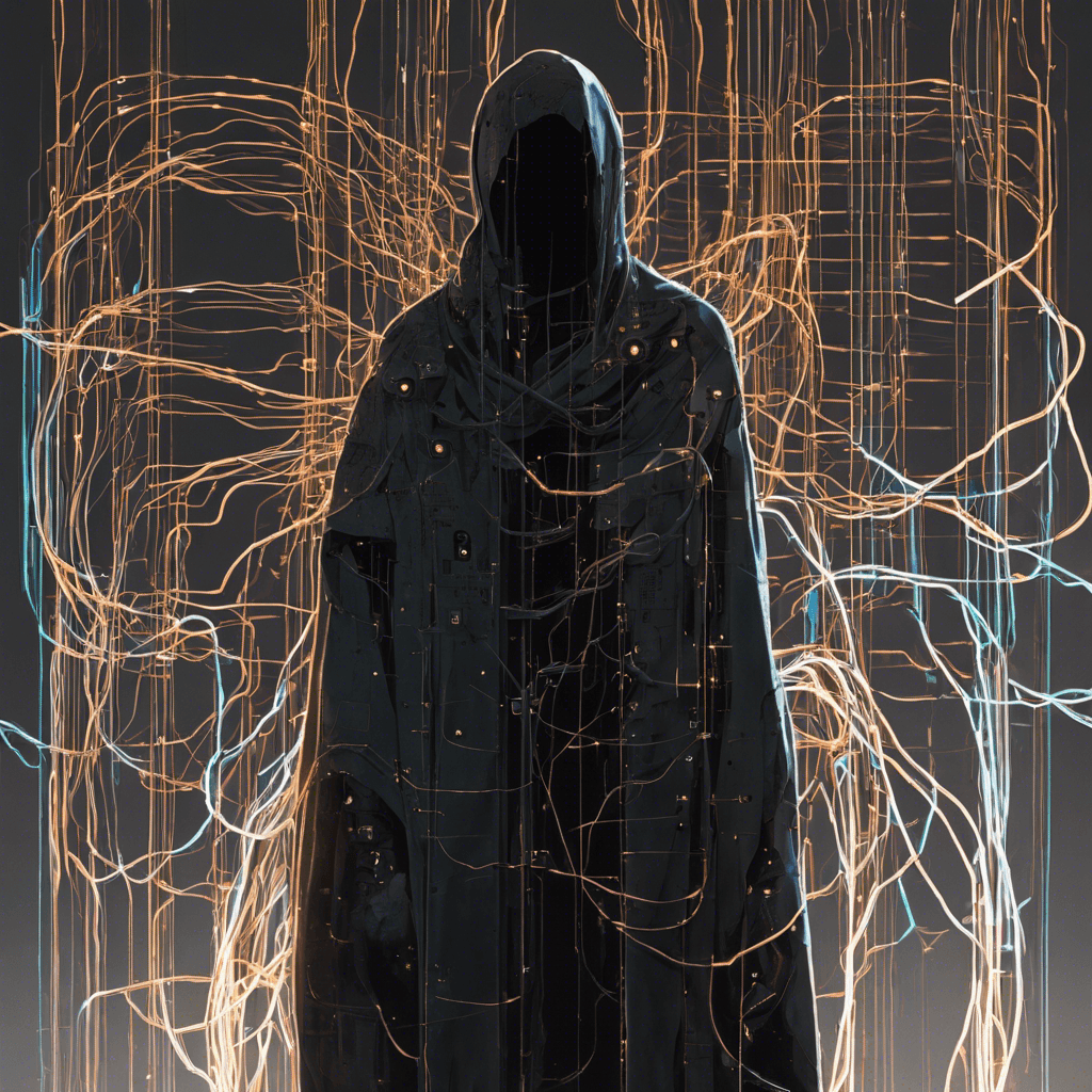 A sinewy figure draped in tattered digital cloaks. Its face obscured by a mask of glowing circuits, Shadowed Wires moves with a silence that belies its deadly purpose.