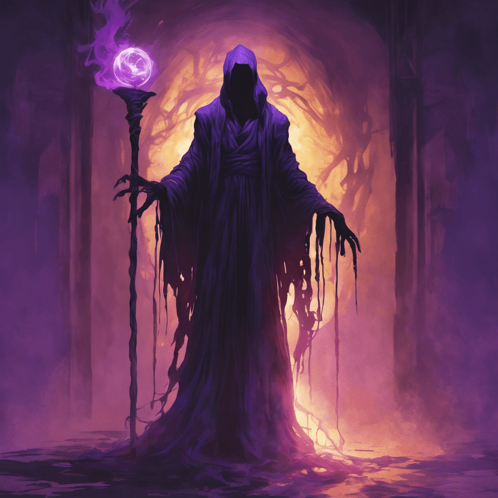 A tall, slender figure draped in tattered robes that seem to absorb light. Shadow seems to cling to them, even in the brightly lit room, and their eyes burn with an eldritch purple flame. They wield a dark, twisted staff topped with a glowing orb that emanates ominous energy.