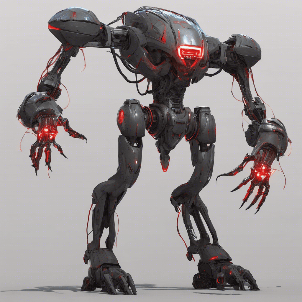 A towering humanoid figure, sleek with a luminous cybernetic exoskeleton. Its head is featureless except for the glowing red visor instead of eyes, and it has multiple mechanical appendages protruding from its back