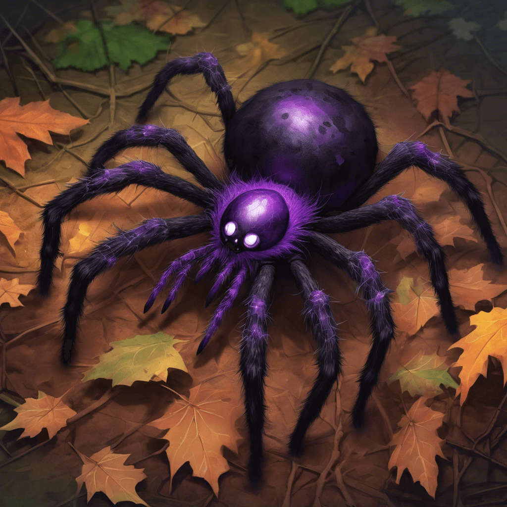 A colossal spider, with a glistening black carapace, glowing purple eyes, and fur-covered legs that end in sharp, venomous fangs. It moves silently, its presence only betrayed by the soft rustling of leaves.