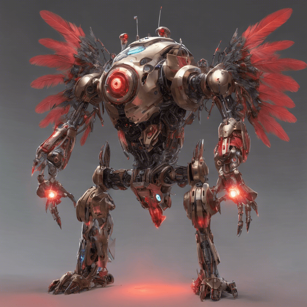 A hulking, humanoid-shaped robot with a clockwork core visible through its translucent chest plate. Its metallic limbs terminate in detachable feather dusters, and its eyes gleam with a red light, hunting for its next target with calculated precision.